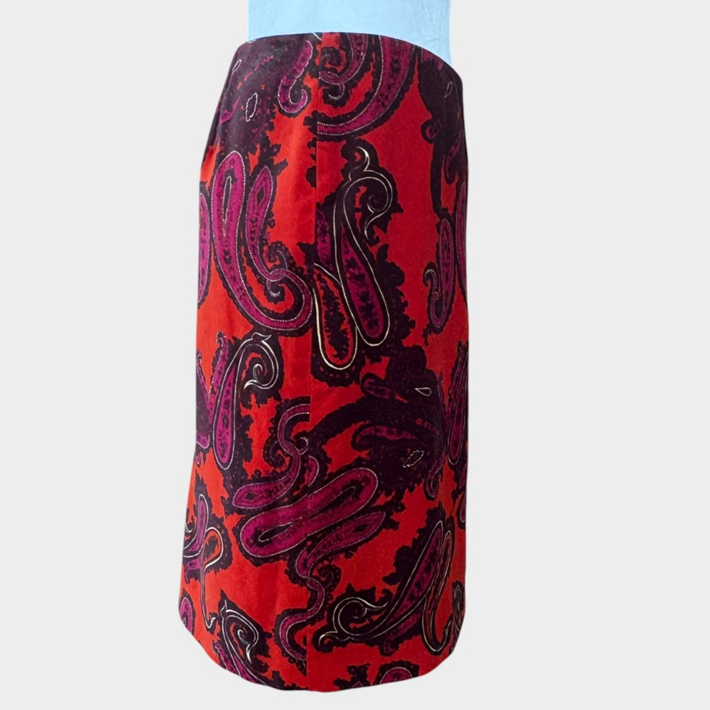 Talbots Red Black Paisley Velvet Pencil Skirt Size 8 - Picture 2 of 10